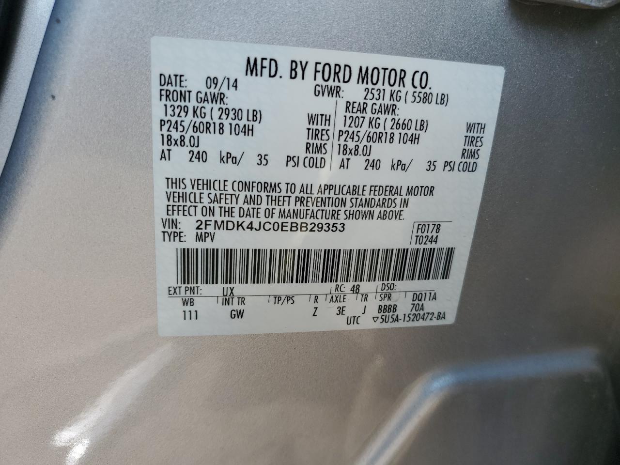 2014 Ford Edge Sel VIN: 2FMDK4JC0EBB29353 Lot: 92699605