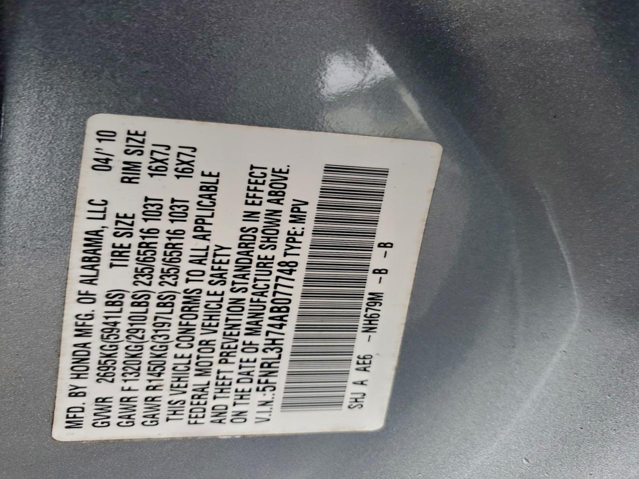 2010 Honda Odyssey Exl VIN: 5FNRL3H74AB077748 Lot: 94472865