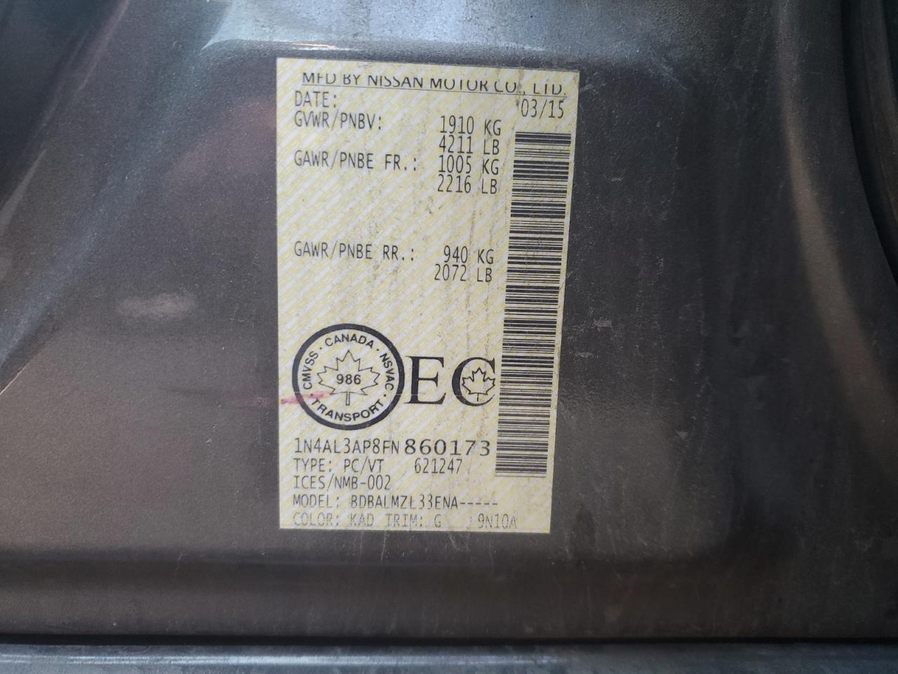 2015 Nissan Altima 2.5 VIN: 1N4AL3AP8FN860173 Lot: 92896145