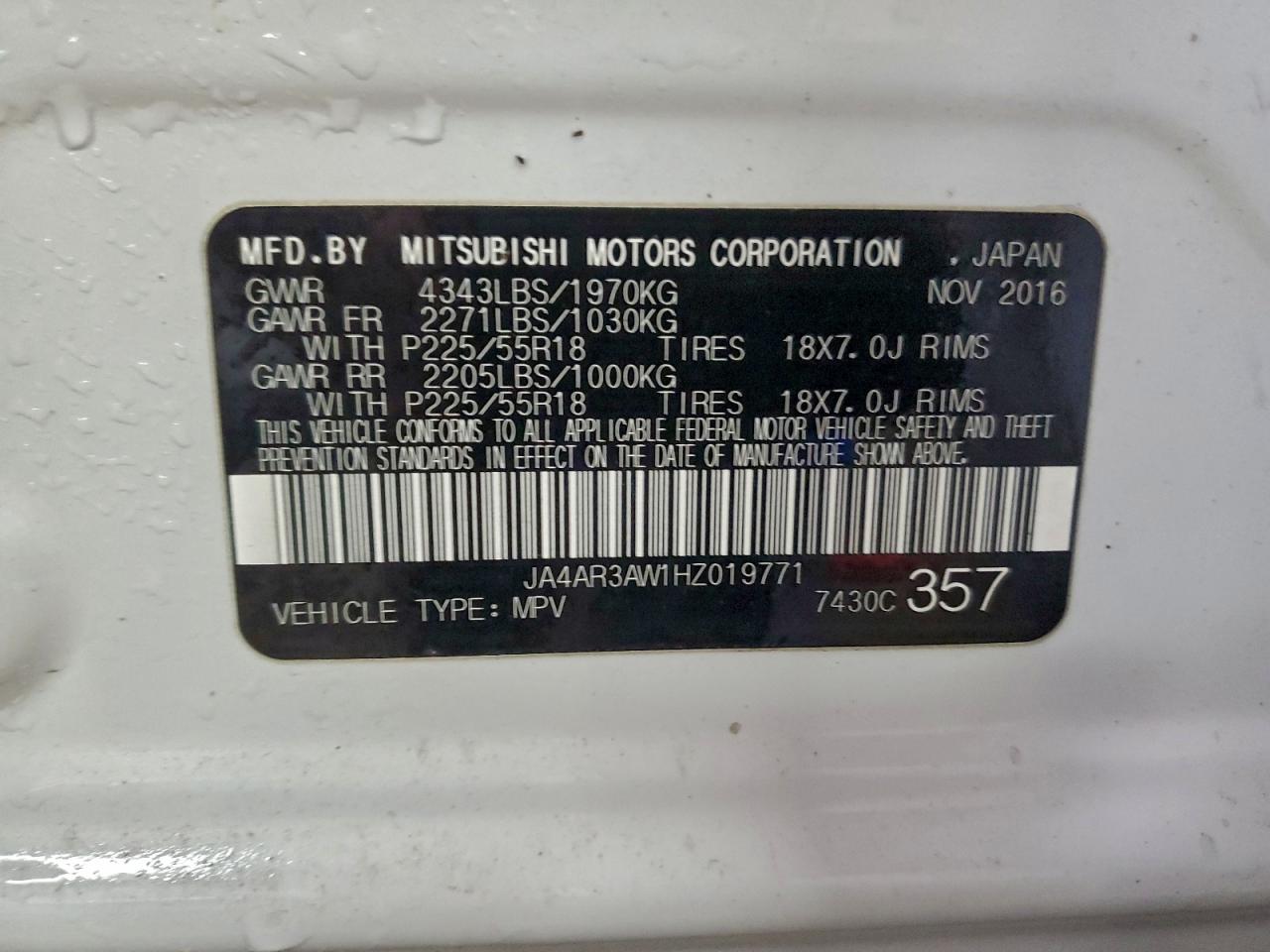 2017 Mitsubishi Outlander Sport Es VIN: JA4AR3AW1HZ019771 Lot: 93046295