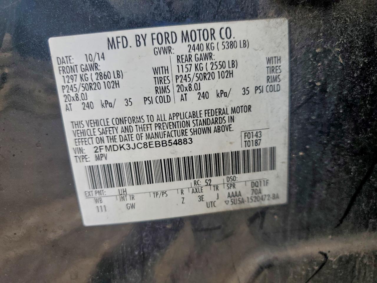 2014 Ford Edge Sel VIN: 2FMDK3JC8EBB54883 Lot: 93729545