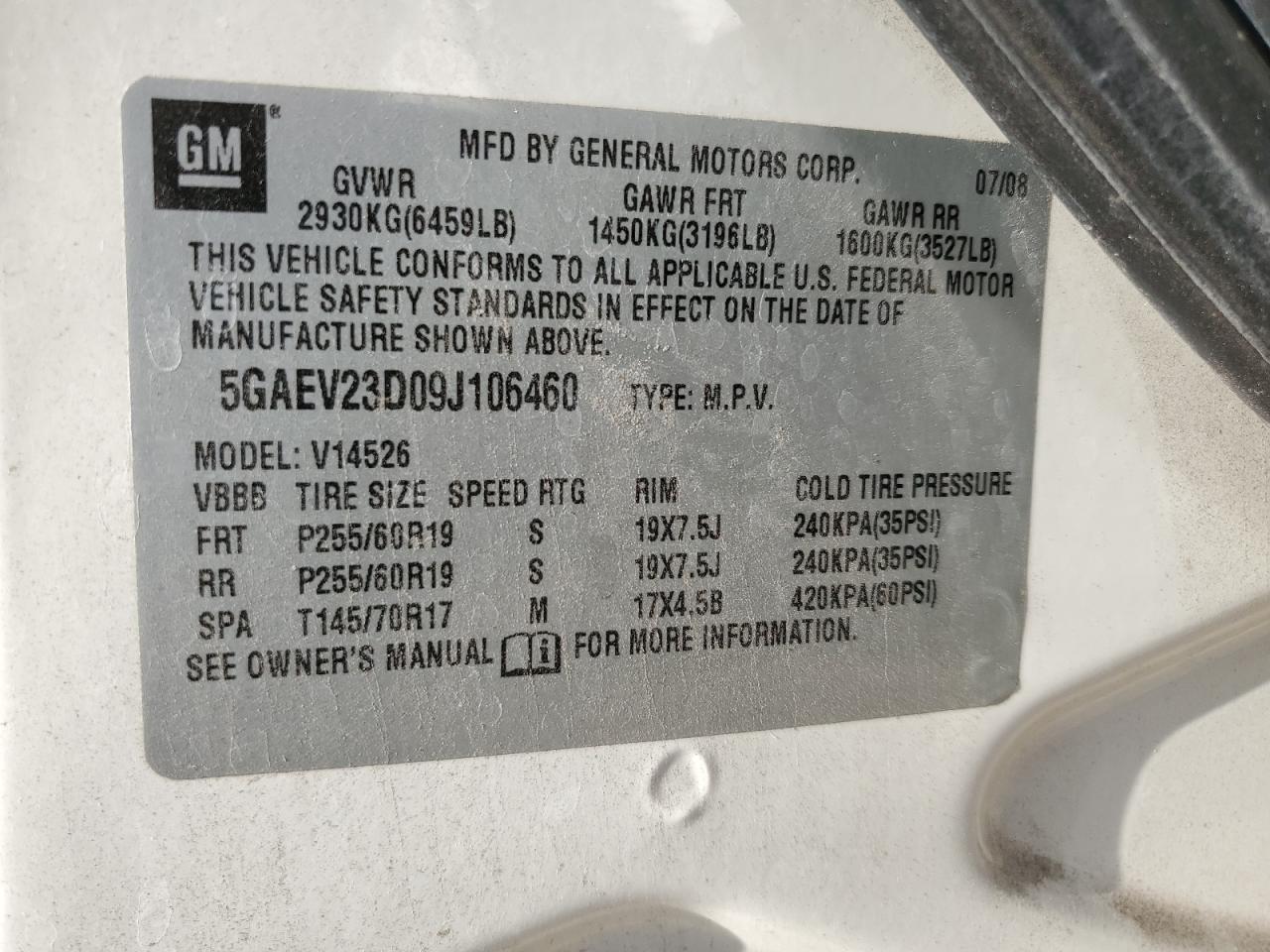 2009 Buick Enclave Cxl VIN: 5GAEV23D09J106460 Lot: 92080205