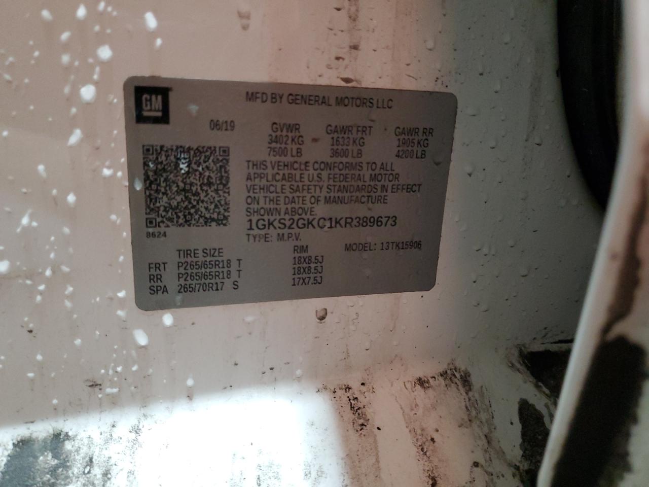 2019 GMC Yukon Xl K1500 Slt VIN: 1GKS2GKC1KR389673 Lot: 91936415