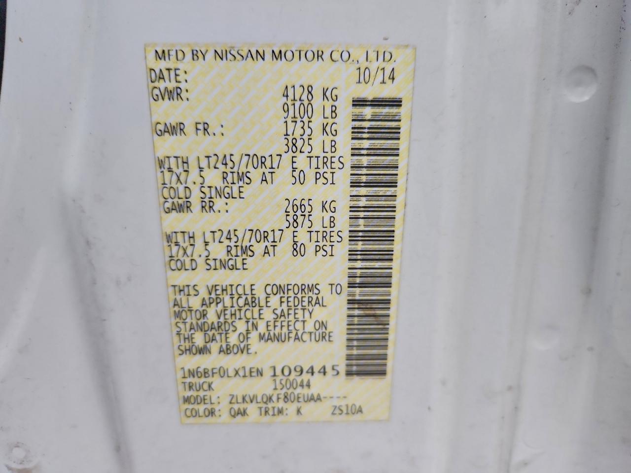 2014 Nissan Nv 2500 VIN: 1N6BF0LX1EN109445 Lot: 94283515