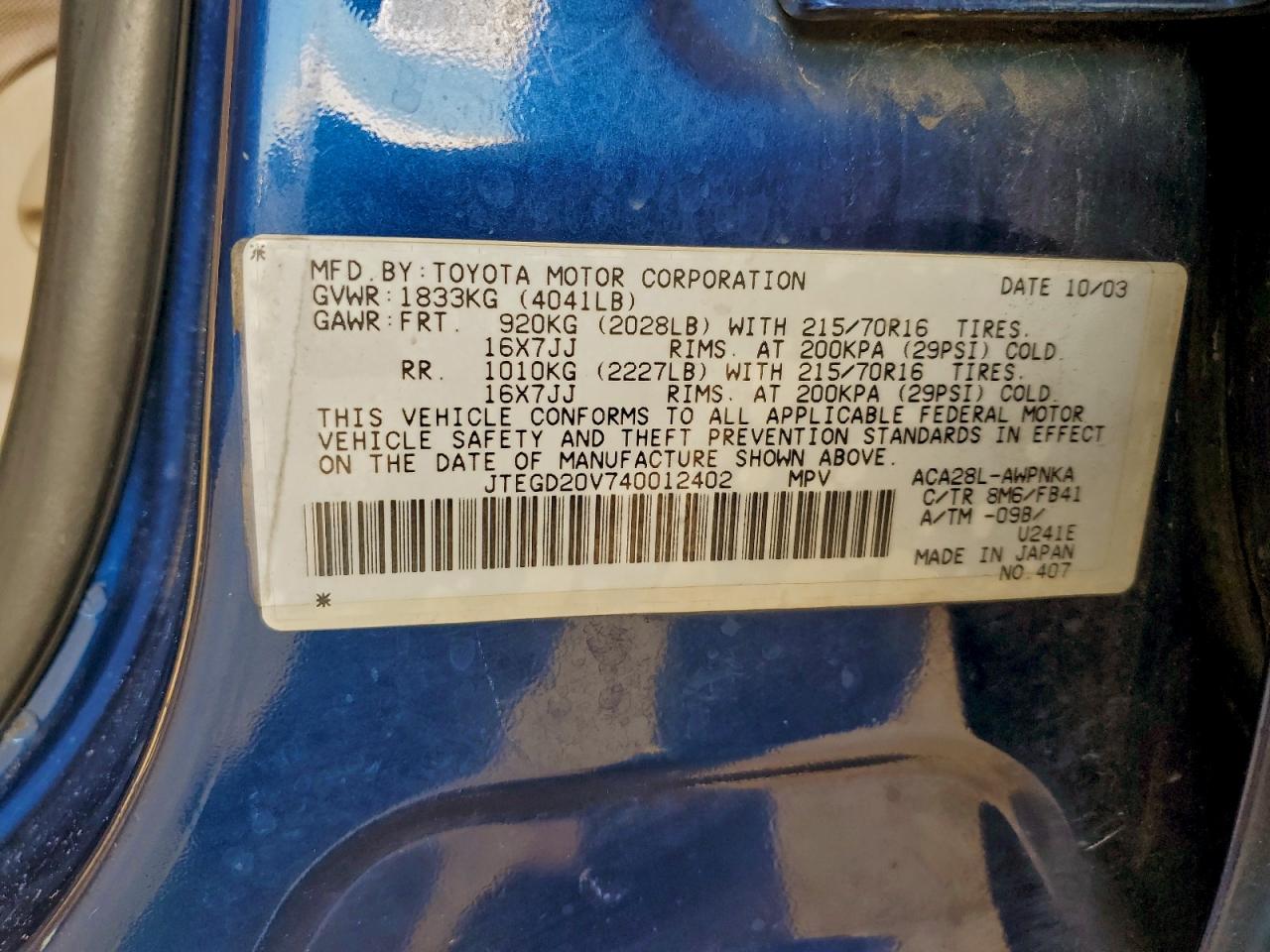 2004 Toyota Rav4 VIN: JTEGD20V740012402 Lot: 93625335