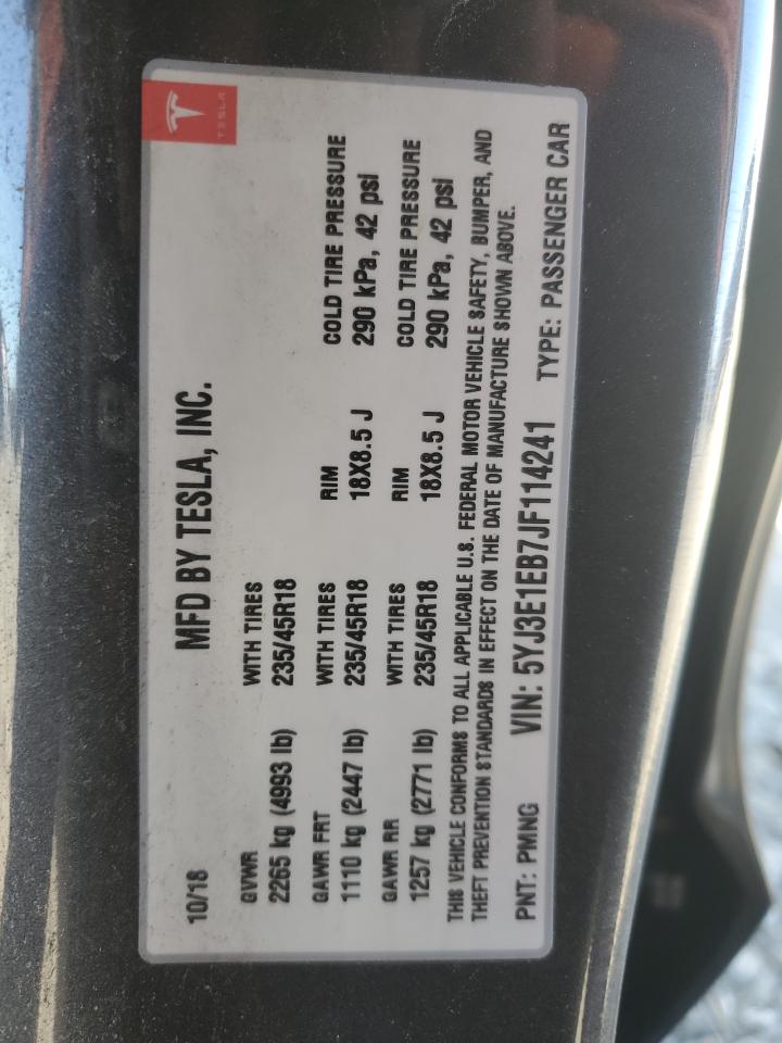 2018 Tesla Model 3 VIN: 5YJ3E1EB7JF114241 Lot: 91194575