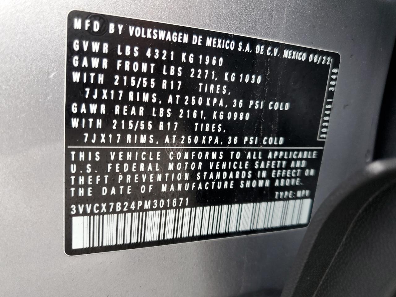 2023 Volkswagen Taos S VIN: 3VVCX7B24PM301671 Lot: 92910125