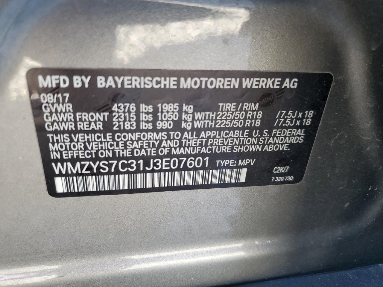 2018 Mini Cooper Countryman VIN: WMZYS7C31J3E07601 Lot: 93061885