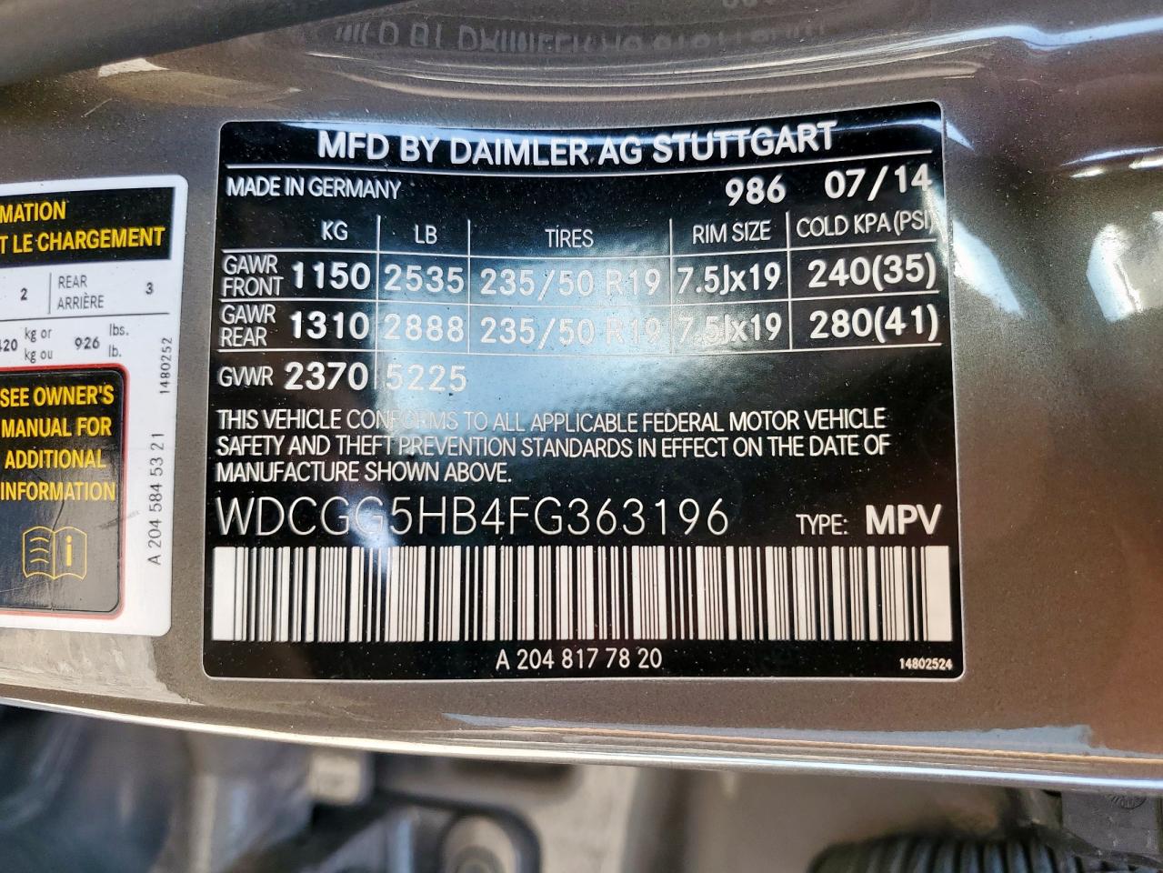 2015 Mercedes-Benz Glk 350 VIN: WDCGG5HB4FG363196 Lot: 91974325