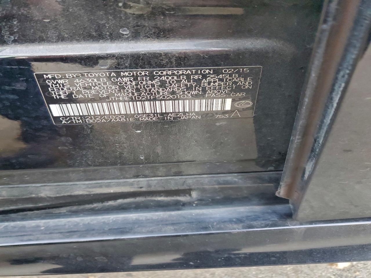 2015 Lexus Is 350 VIN: JTHBE1D21F5020103 Lot: 94577605