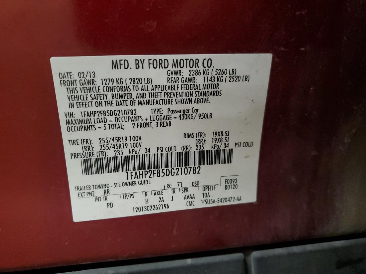 2013 Ford Taurus Limited VIN: 1FAHP2F85DG210782 Lot: 91673505