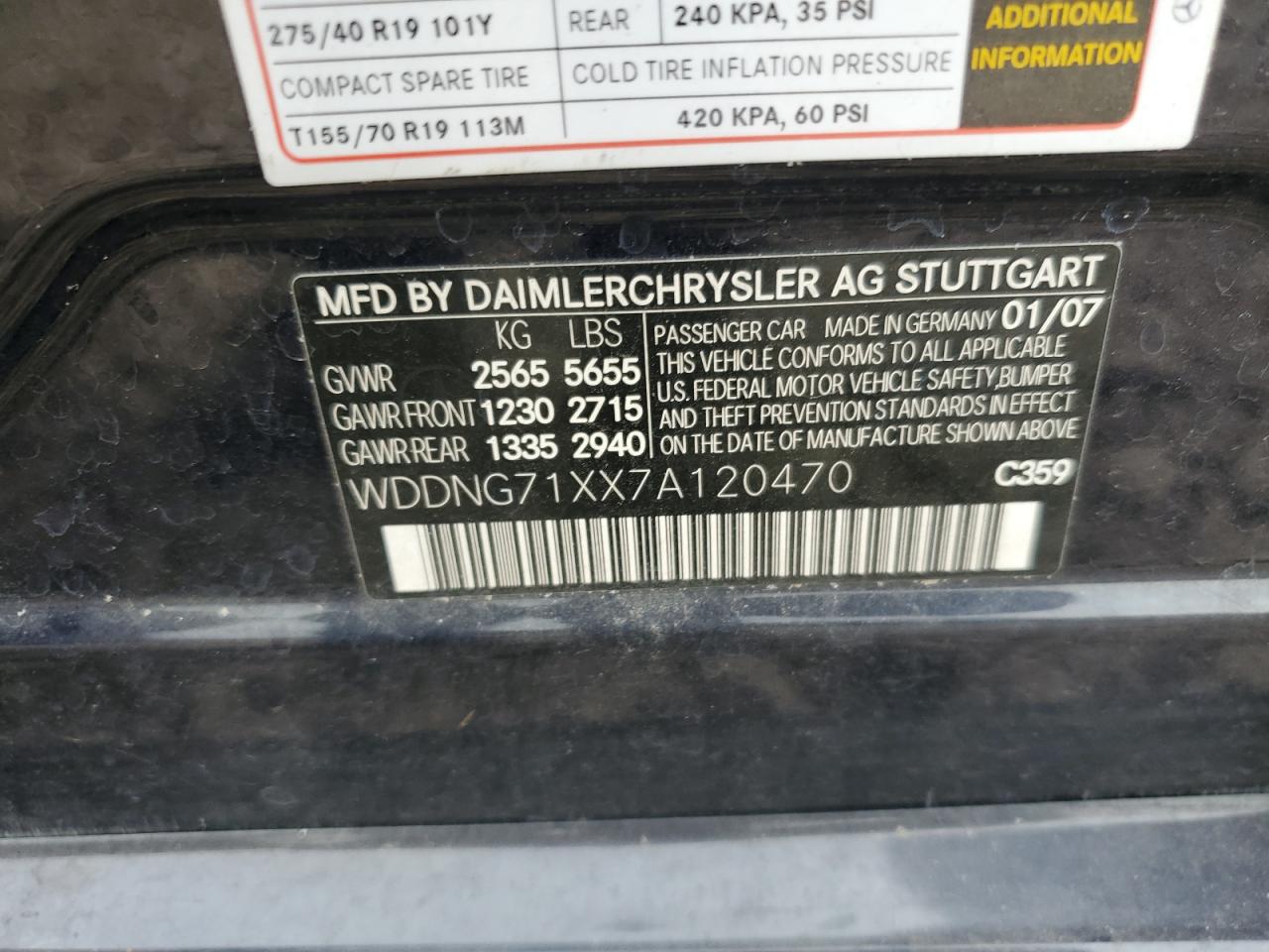 2007 Mercedes-Benz S 550 VIN: WDDNG71XX7A120470 Lot: 92436235