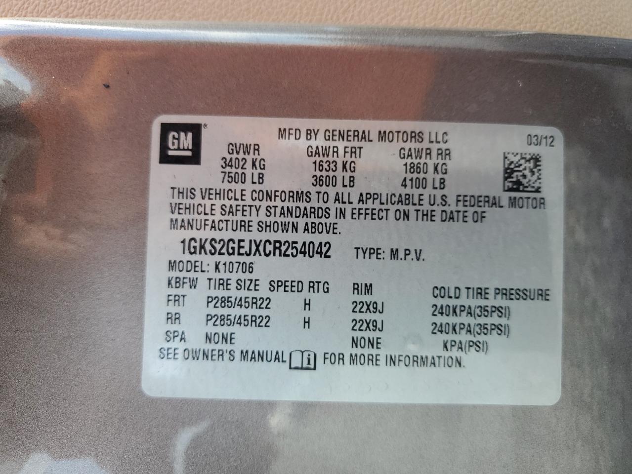 2012 GMC Yukon Denali Hybrid VIN: 1GKS2GEJXCR254042 Lot: 91504385