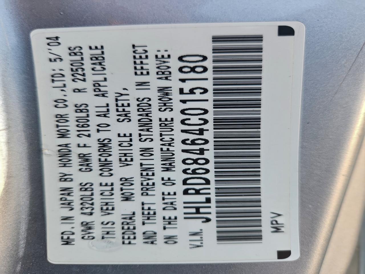 2004 Honda Cr-V Lx VIN: JHLRD68464C015180 Lot: 94403645