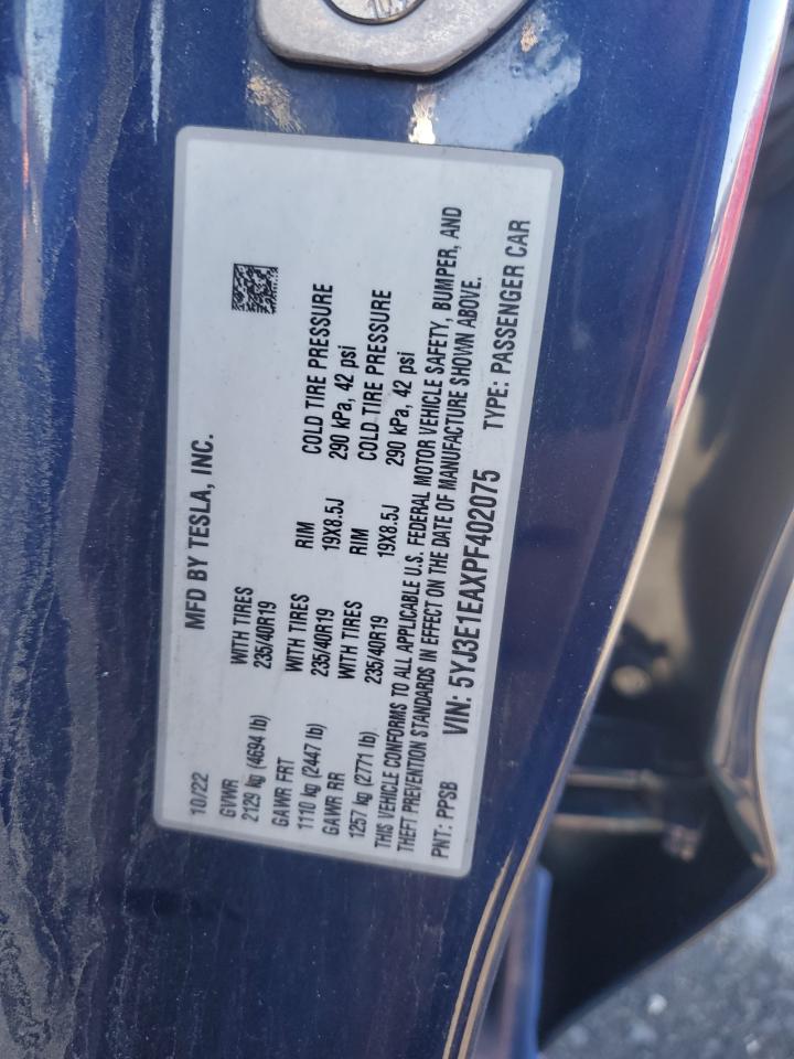 2023 Tesla Model 3 VIN: 5YJ3E1EAXPF402075 Lot: 91236795