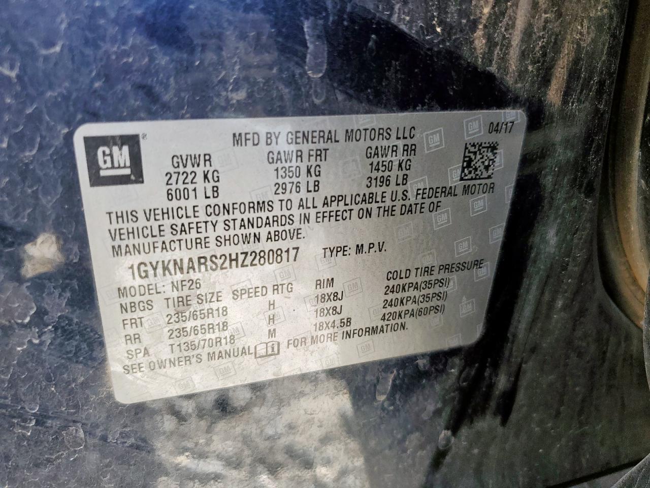 2017 Cadillac Xt5 VIN: 1GYKNARS2HZ280817 Lot: 91732625