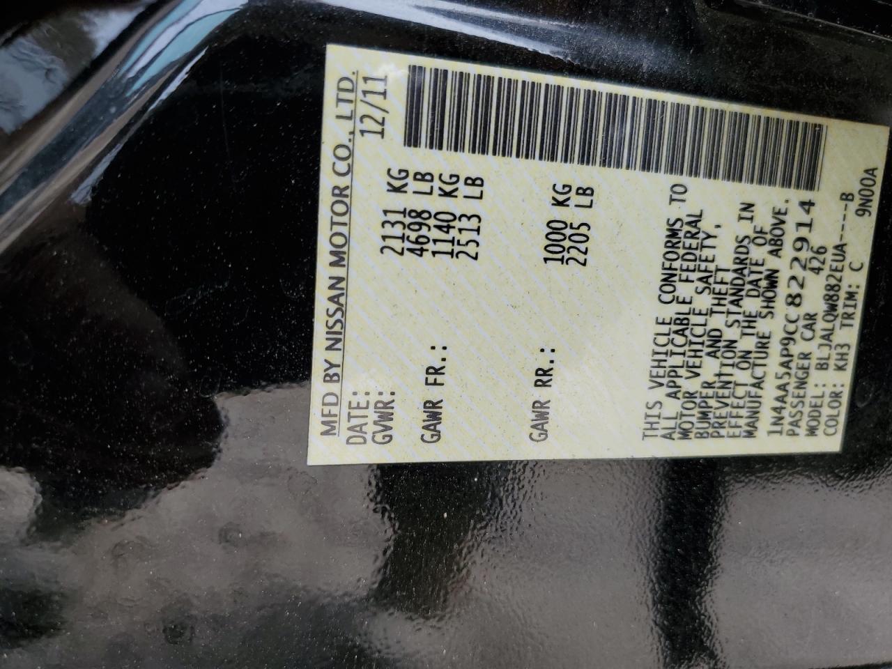 2012 Nissan Maxima S VIN: 1N4AA5AP9CC822914 Lot: 93325085