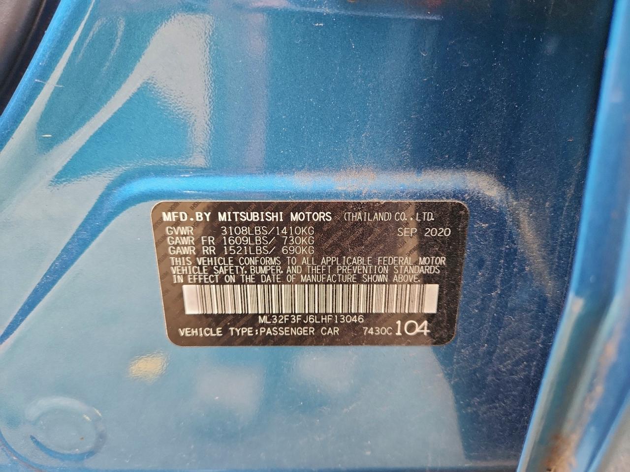 2020 Mitsubishi Mirage G4 Es VIN: ML32F3FJ6LHF13046 Lot: 92222015