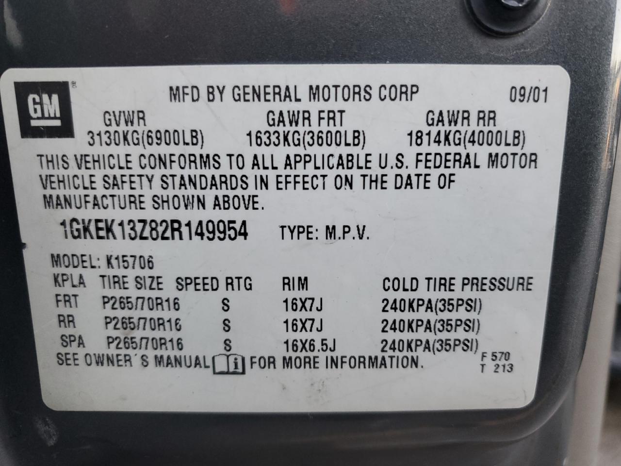 2002 GMC Yukon VIN: 1GKEK13Z82R149954 Lot: 91708685