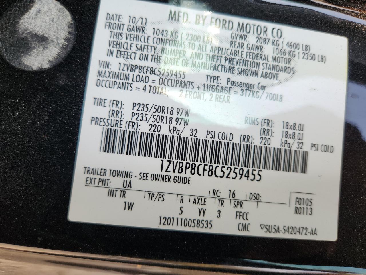 2012 Ford Mustang Gt VIN: 1ZVBP8CF8C5259455 Lot: 92842025