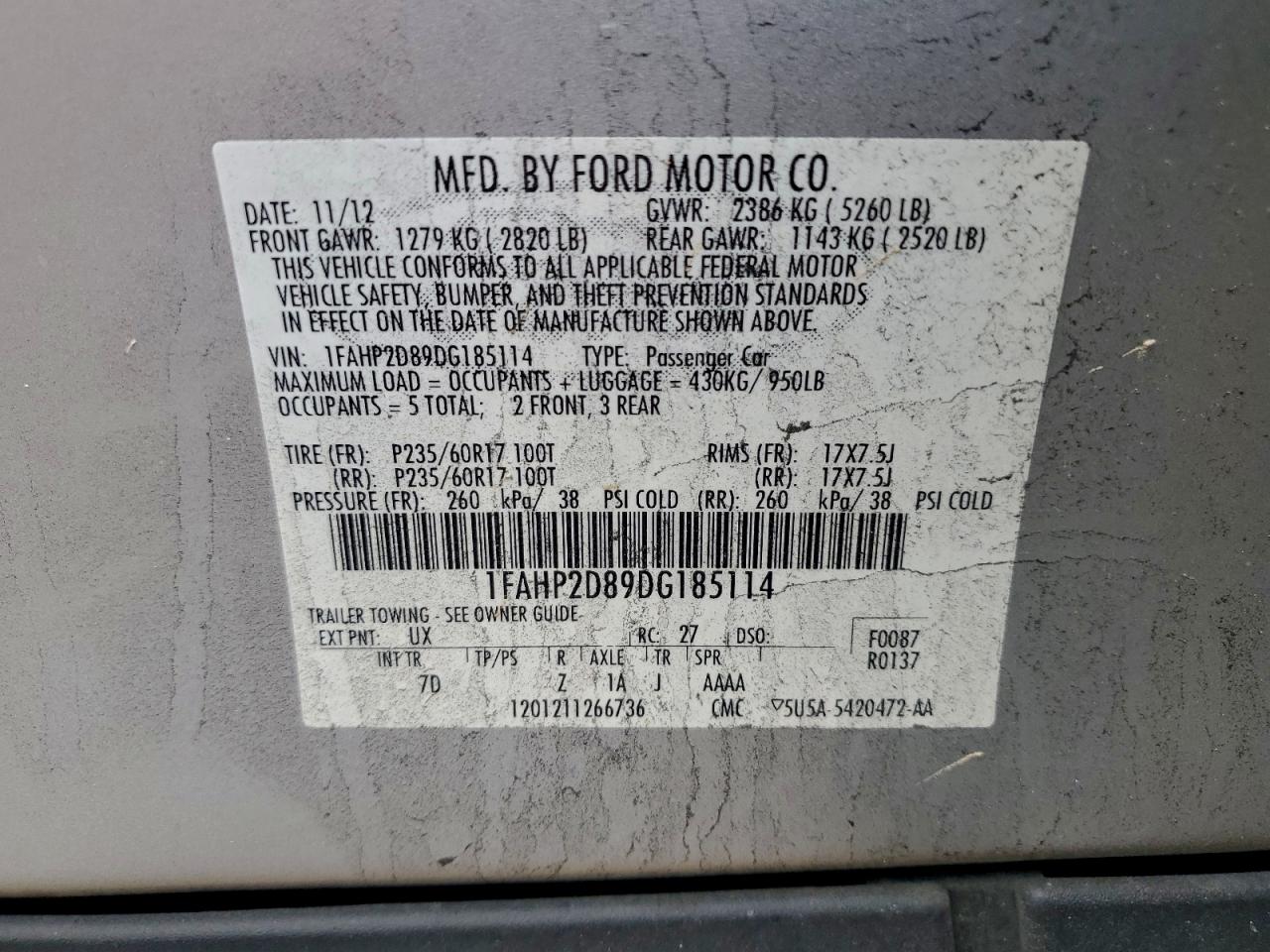 2013 Ford Taurus Se VIN: 1FAHP2D89DG185114 Lot: 94308895