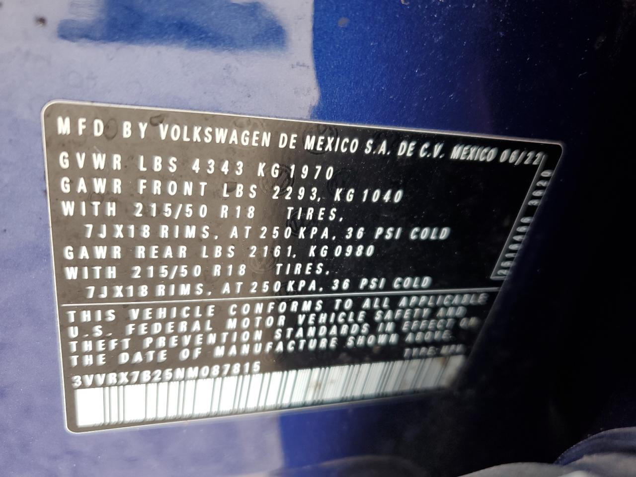 2022 Volkswagen Taos Se VIN: 3VVRX7B25NM087815 Lot: 91634085