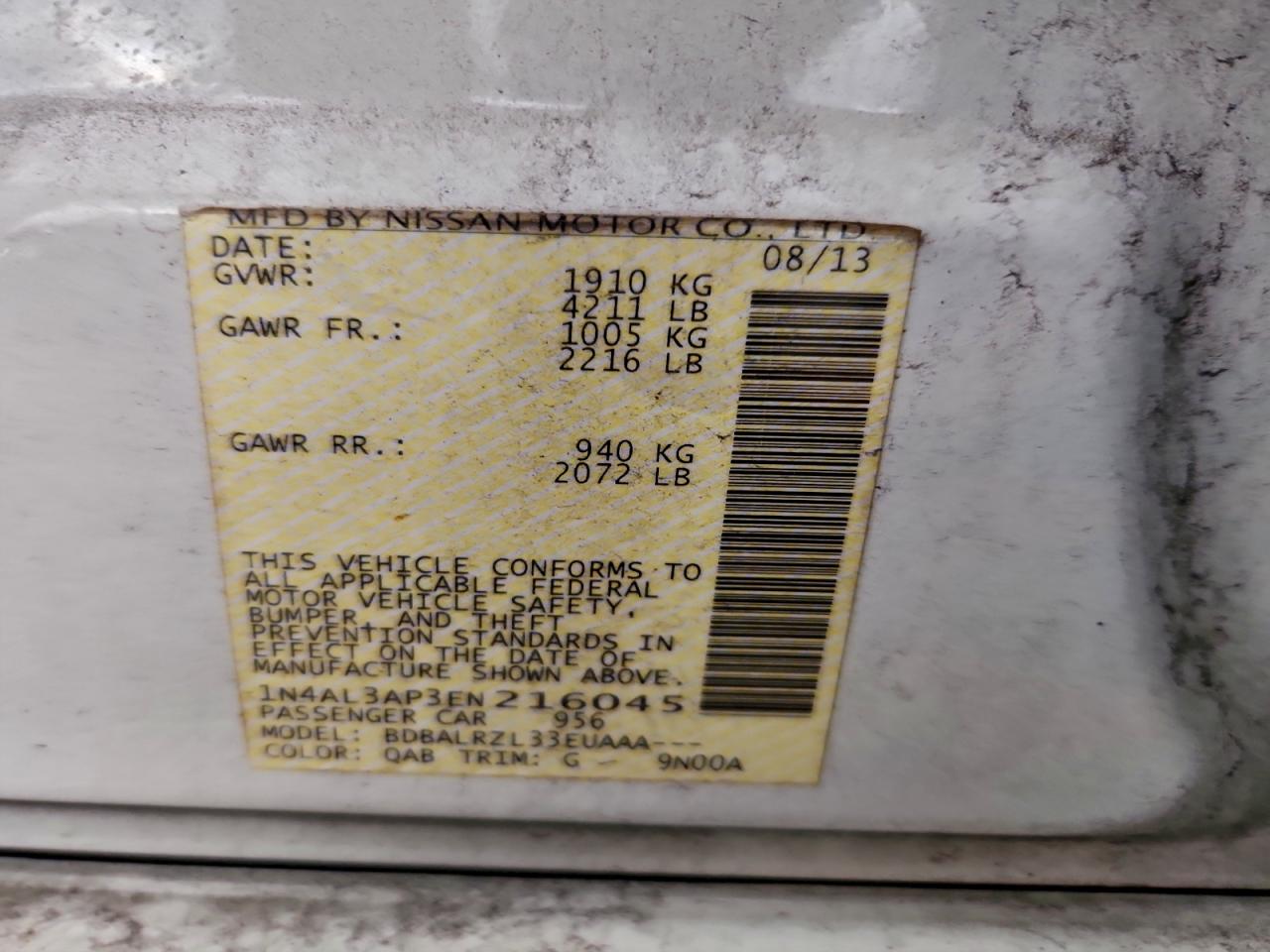 2014 Nissan Altima 2.5 VIN: 1N4AL3AP3EN216045 Lot: 93743095