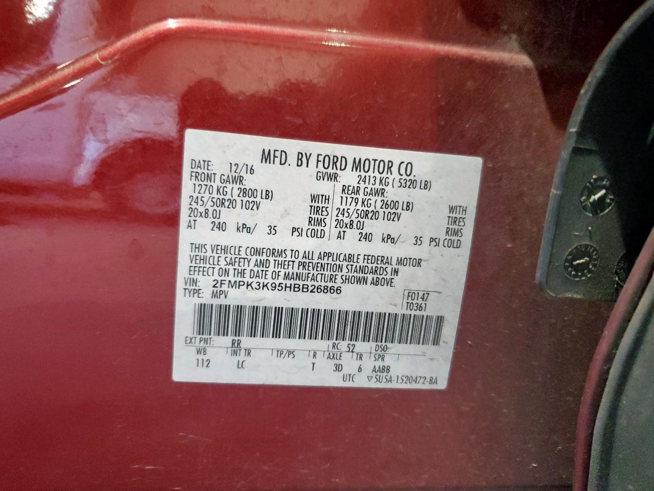 2017 Ford Edge Titanium VIN: 2FMPK3K95HBB26866 Lot: 91611515