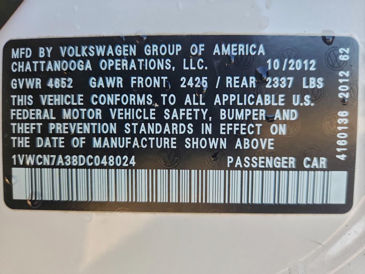 2013 Volkswagen Passat Sel VIN: 1VWCN7A38DC048024 Lot: 94046455