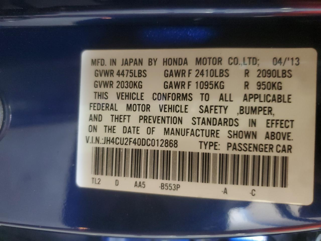 2013 Acura Tsx VIN: JH4CU2F40DC012868 Lot: 92637585