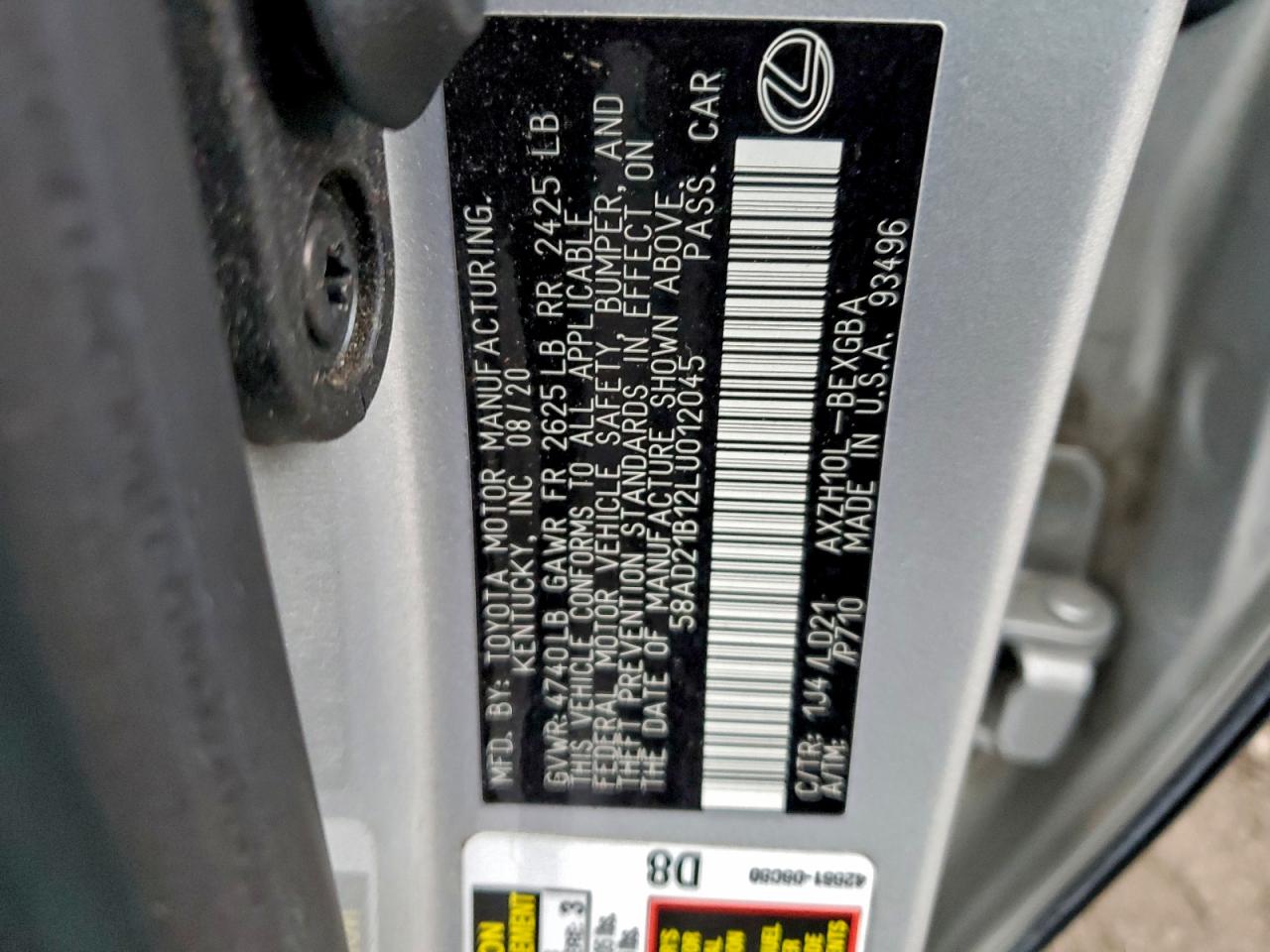 2020 Lexus Es 300H VIN: 58AD21B12LU012045 Lot: 94360315