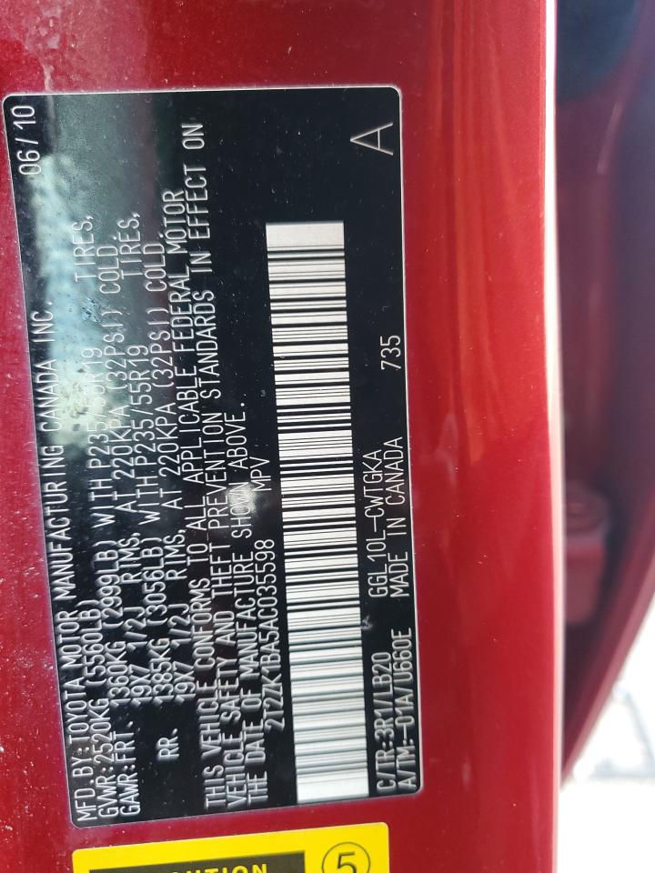 2010 Lexus Rx 350 VIN: 2T2ZK1BA5AC035598 Lot: 91613505