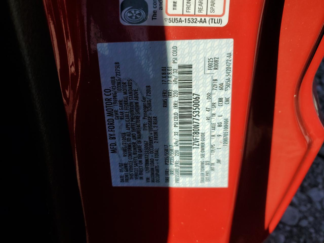 2007 Ford Mustang VIN: 1ZVFT80N775350067 Lot: 91525655