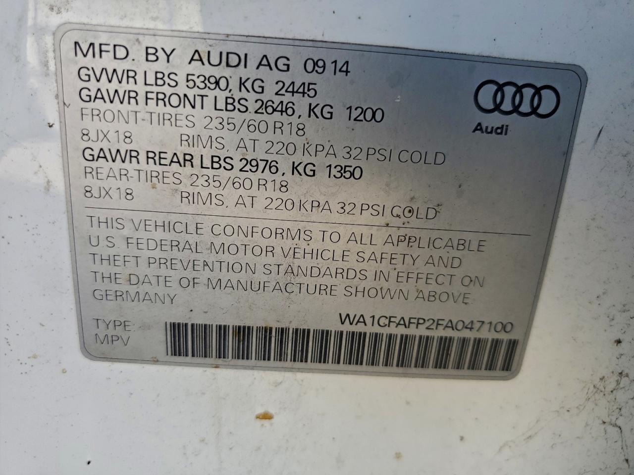 2015 Audi Q5 Premium VIN: WA1CFAFP2FA047100 Lot: 94033875