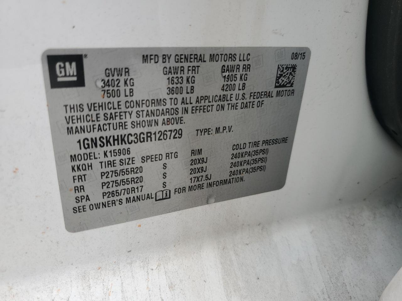 2016 Chevrolet Suburban K1500 Lt VIN: 1GNSKHKC3GR126729 Lot: 91786025