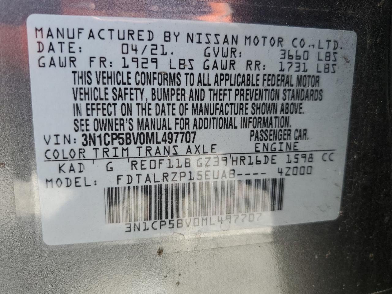 2021 Nissan Kicks S VIN: 3N1CP5BV0ML497707 Lot: 92230715