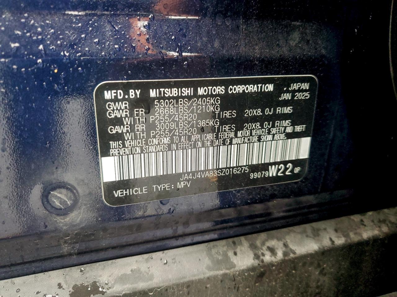 2025 Mitsubishi Outlander Se VIN: JA4J4VA83SZ016275 Lot: 94305055