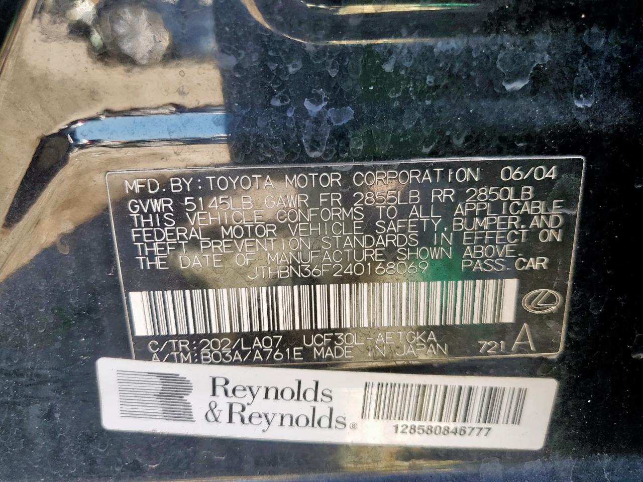 2004 Lexus Ls 430 VIN: JTHBN36F240168069 Lot: 91130315