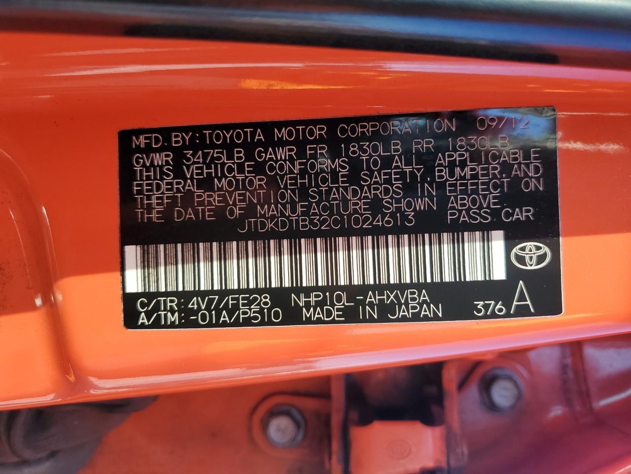 2012 Toyota Prius C VIN: JTDKDTB32C1024613 Lot: 93257195