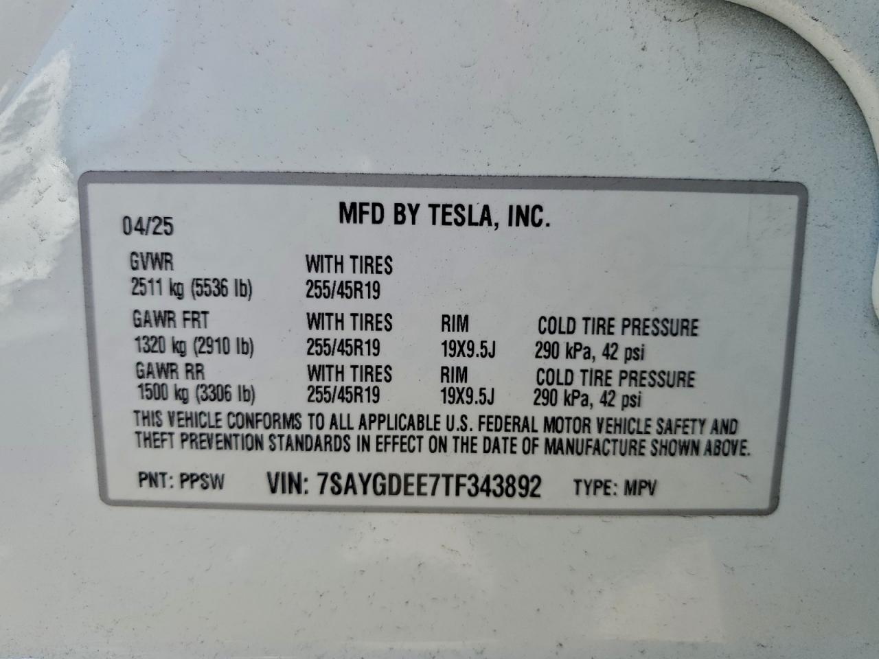 2026 Tesla Model Y VIN: 7SAYGDEE7TF343892 Lot: 93901835