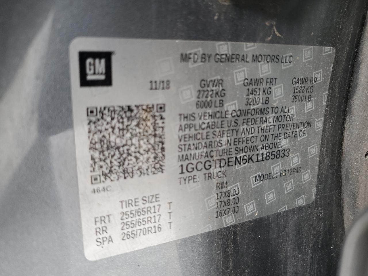 2019 Chevrolet Colorado Z71 VIN: 1GCGTDEN6K1185833 Lot: 92431145