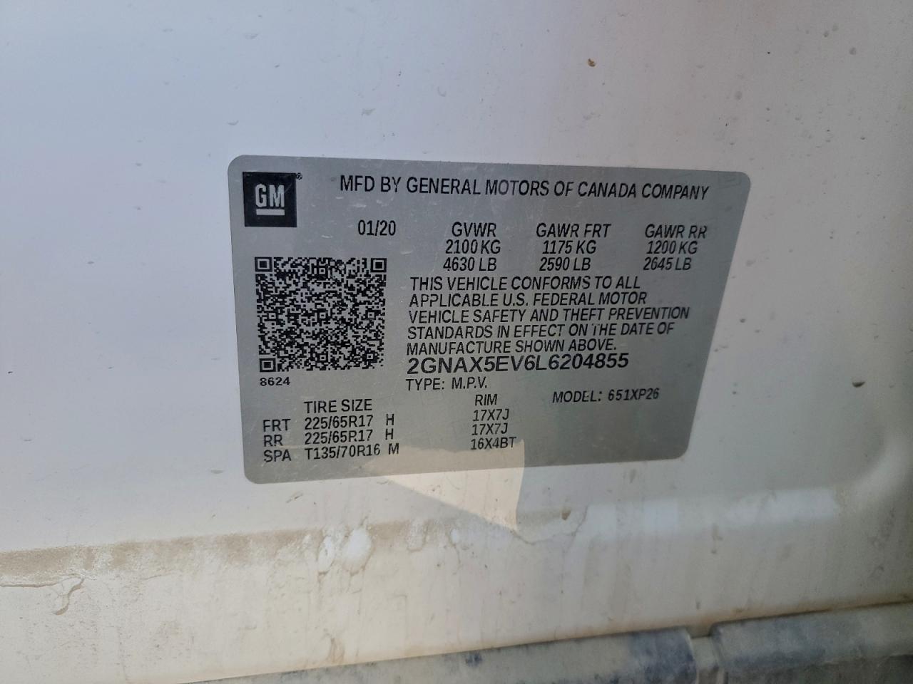 2020 Chevrolet Equinox VIN: 2GNAX5EV6L6204855 Lot: 94506245