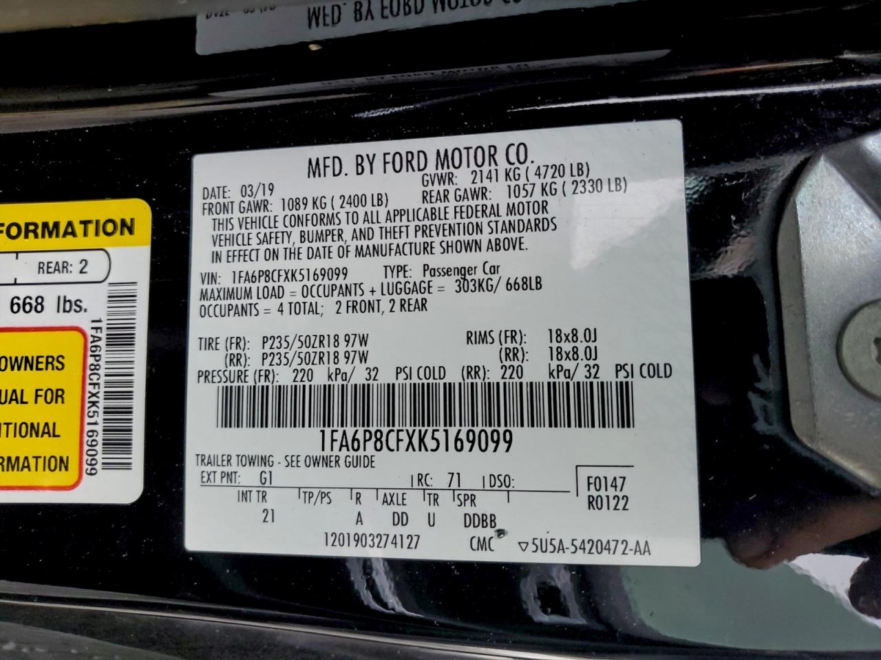 2019 Ford Mustang Gt VIN: 1FA6P8CFXK5169099 Lot: 93955085