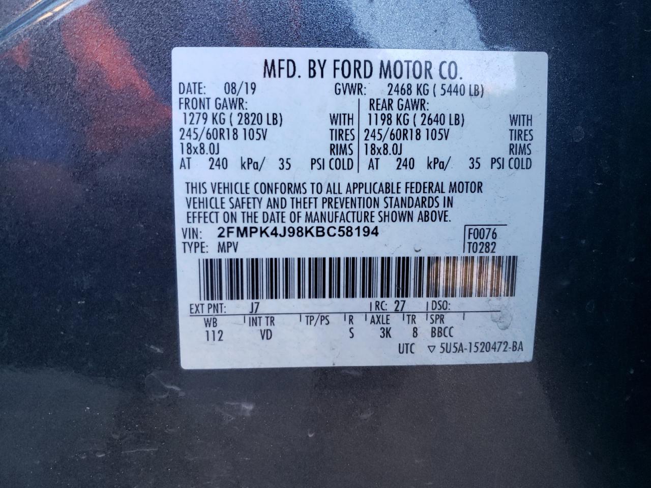 2019 Ford Edge Sel VIN: 2FMPK4J98KBC58194 Lot: 92574495