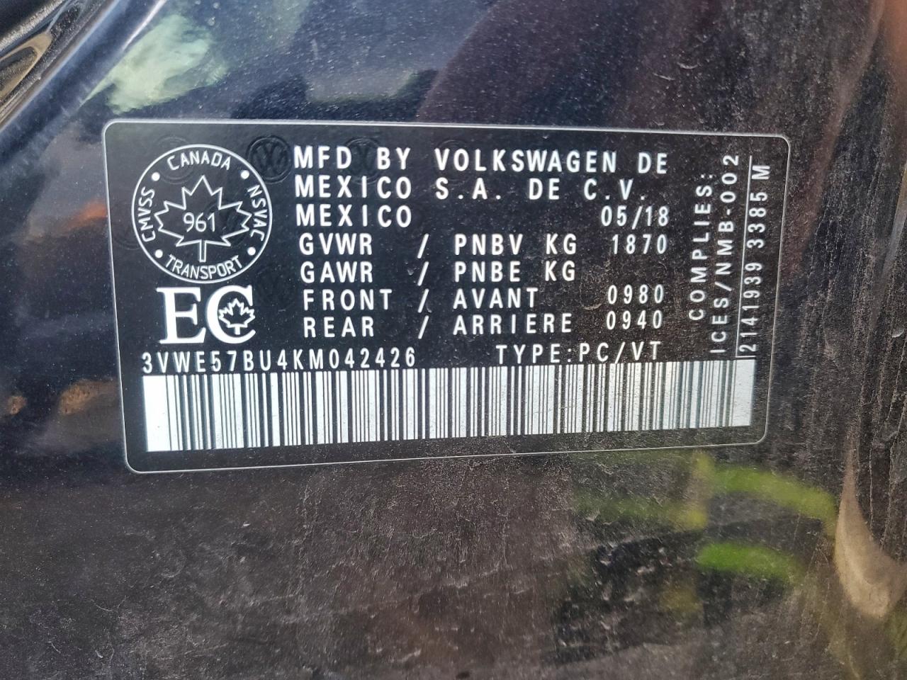 2019 Volkswagen Jetta Sel VIN: 3VWE57BU4KM042426 Lot: 94303875