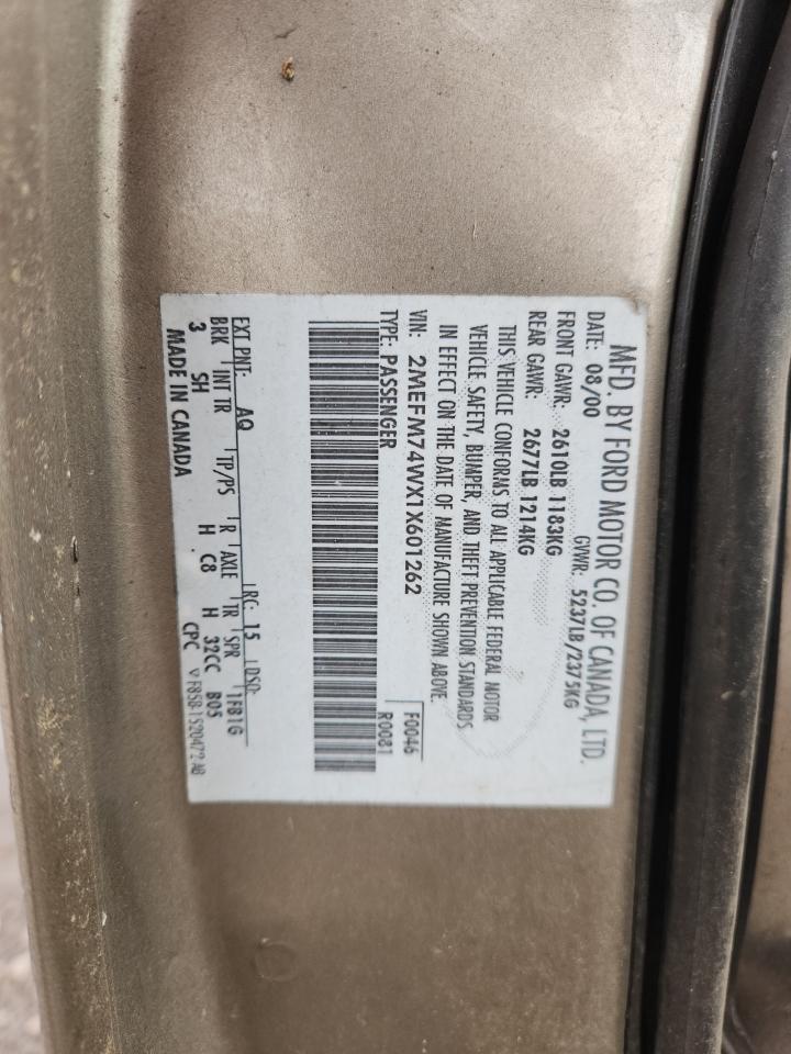 2001 Mercury Grand Marquis Gs VIN: 2MEFM74WX1X601262 Lot: 92983525