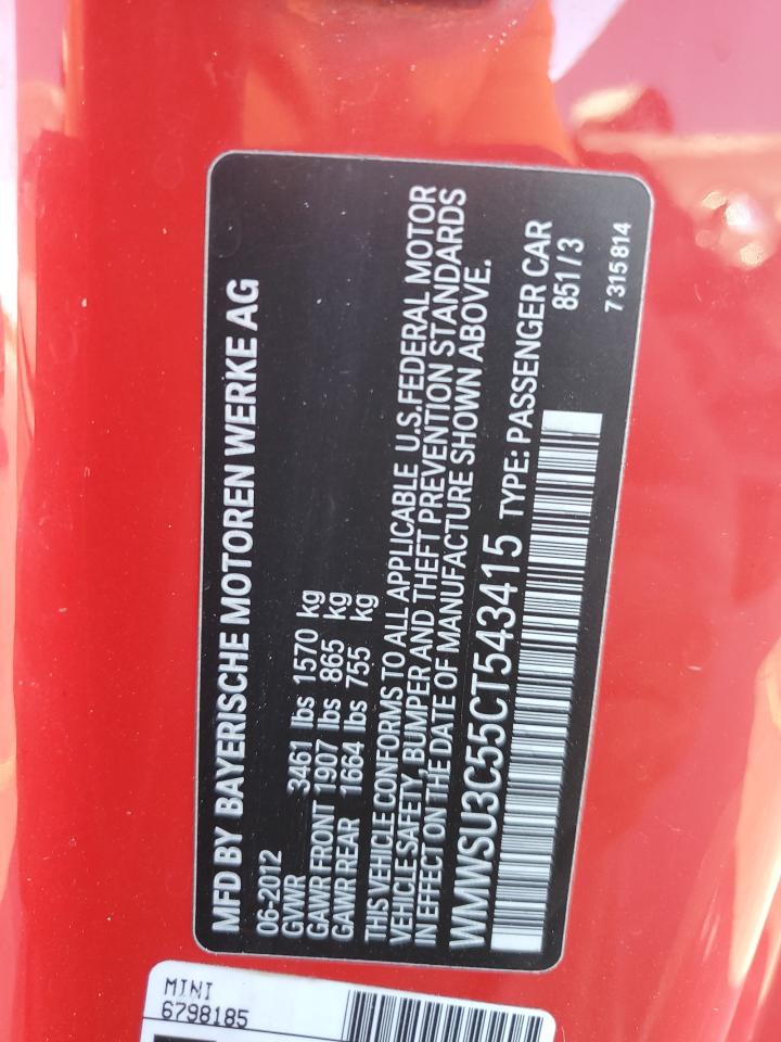 2012 Mini Cooper VIN: WMWSU3C55CT543415 Lot: 93305415