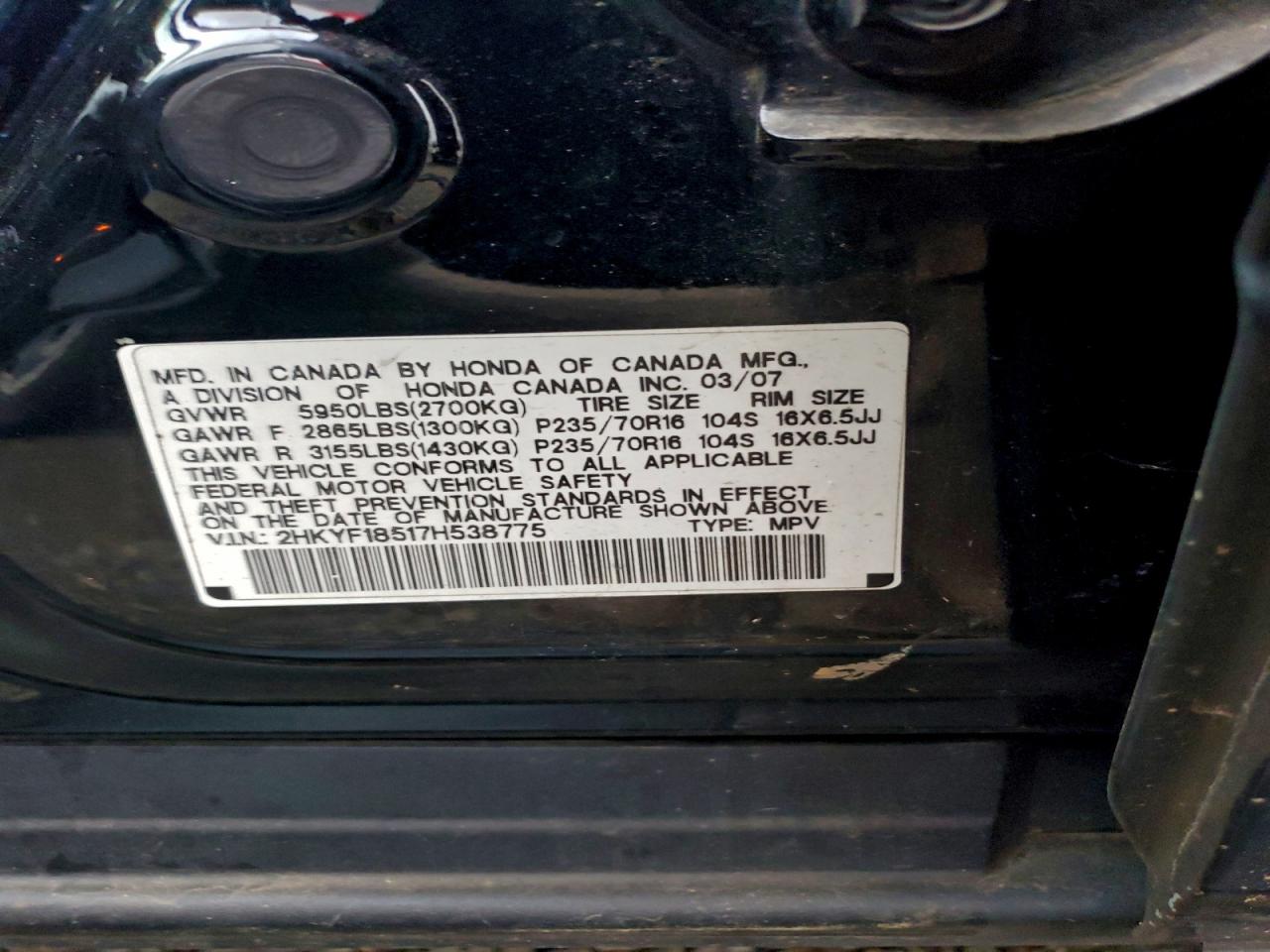 2007 Honda Pilot Exl VIN: 2HKYF18517H538775 Lot: 92524915