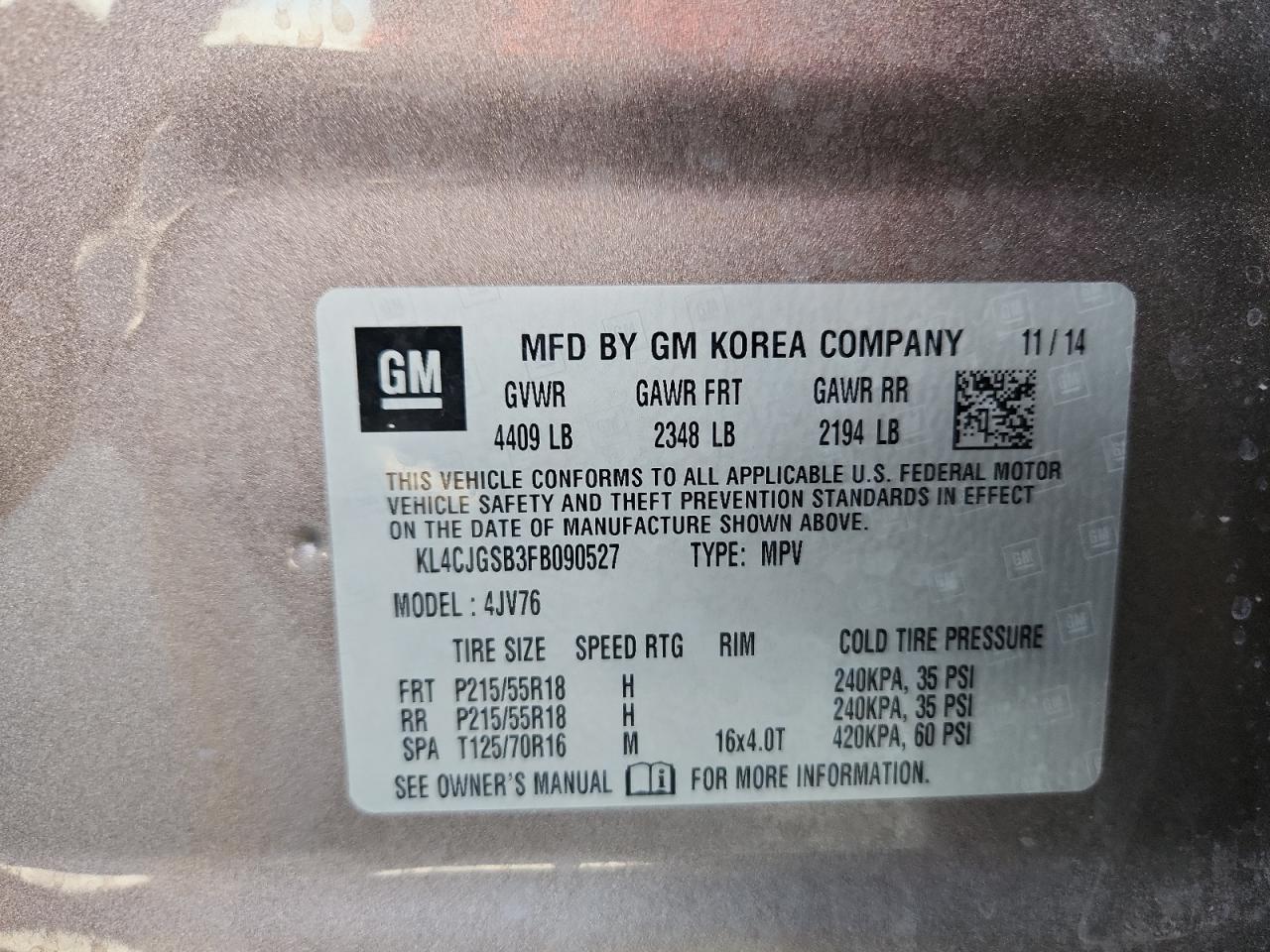 2015 Buick Encore VIN: KL4CJGSB3FB090527 Lot: 92050255