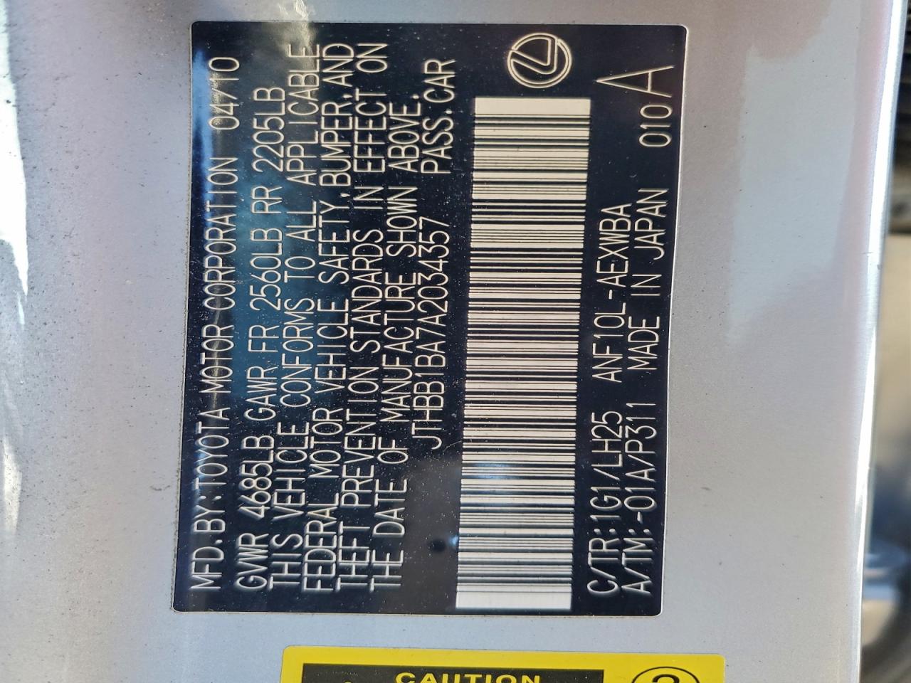 2010 Lexus Hs 250H VIN: JTHBB1BA7A2034357 Lot: 93185855